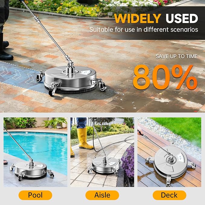 TOR 14" Stainless Steel Pressure Washer Surface Cleaner Attachment with 4 Wheels, 4000 PSI, 2 Extension Wands, Power Washer Surface Cleaner for Concrete, Driveway, Patio, Sidewalk, 1/4" Quick Connect