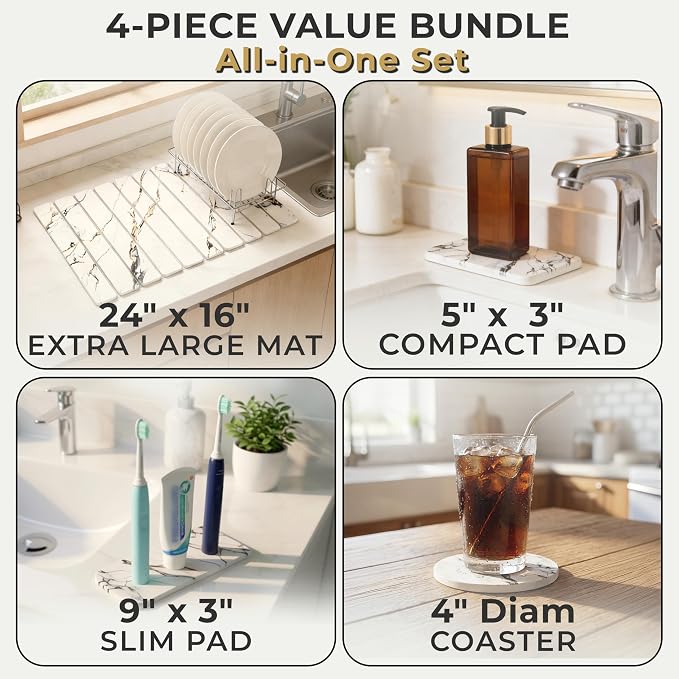 Stone Dish Drying Mat for Kitchen Countertop 24x16 Large Diatomaceous Earth Quick-Dry Absorbent Foldable Non-Slip Organizer for Dishes Glasses Utensils with Coaster Pads Gold Veined Marble