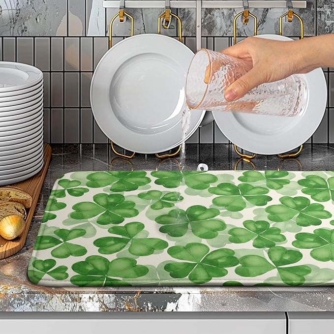 St Patrick's Day Green Clover Drying Mat for Kitchen Counter Watercolor Shamrock St Patricks Day Dish Drying Mats Spring Lucky Clovers Absorbent Reversible Dish Drainer Rack Mat Dish Pad 18x24 Inch