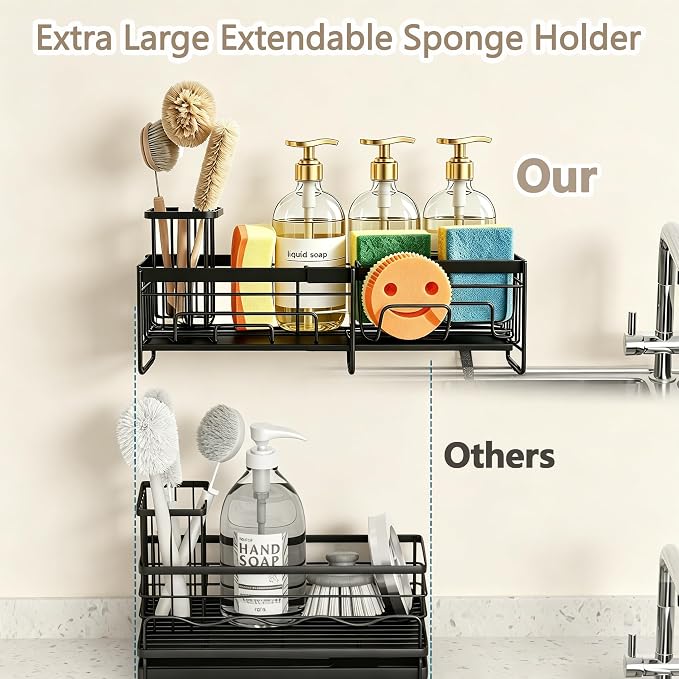 spospo Extendable Sponge Holder for Kitchen Sink, Extra Large Adjustable Length Sink Caddy Organizer with High Brush Holder, Self-Draining Countertop Organizer