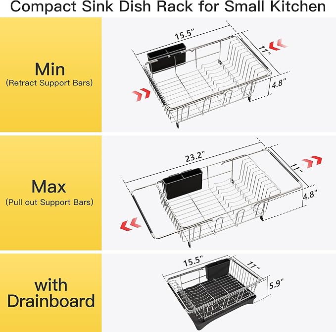 JASIWAY Sink Dish Drying Rack with Drainboard, Expandable Stainless Steel Dish Drainers for Kitchen Counter, Space Saving Dish Dryer Rack, Over The Sink Dish Racks with Utensil Holder, Silver