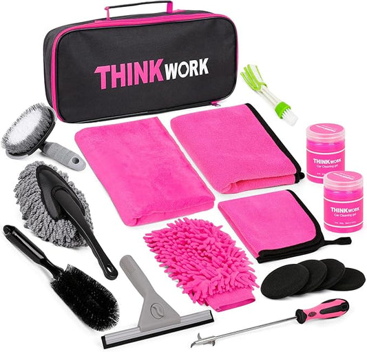 THINKWORK Car Detailing Kit, Interior Exterior Cleaning Set for Vehicles | Soft Microfiber, Lint-Free, Scratch-Proof, 17 Pcs Complete Set, Pink Styling, Perfect Women Gift, Portable Bag