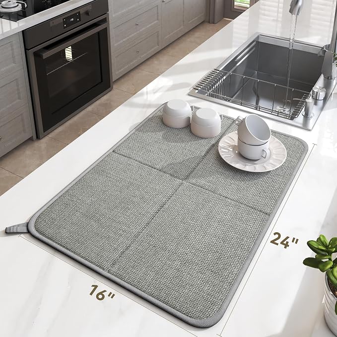 YDKGL Dish Drying Mat for Kitchen Counter, Ultra Absorbent & Fast Drying Dish Mat Machine Washable Foldable Drying Pad for Countertops, Sinks, Draining Racks, Grey