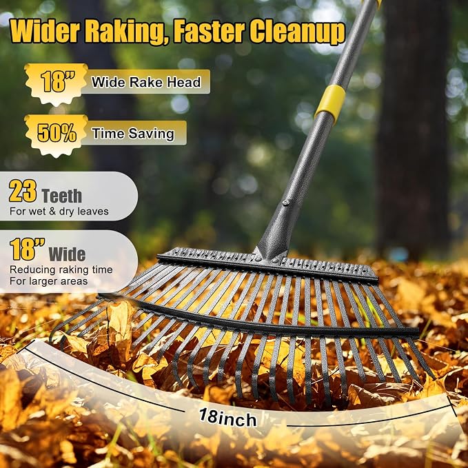 Garden Rake for Leaves: 18” Wide Metal Leaf Rake, 65” Long Adjustable Handle, Heavy Duty 25 Teeth, Fast Kids Women Large Lawn Yard Garden Leaf Cleanup Gardening Rakes: Grass,Debris,Pine Needles Pick