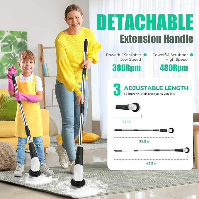 YKYI Electric Spin Scrubber, Cordless Power Scrubber Cleaning Tool with 8 Replaceable Heads and Extension Handle for Bathroom, Tub, Tile, Floor, Grout and Car (White) | 8 Replaceable Heads, Extension Handle, For Bathroom, Tub, Tile, Floor, Grout and Car