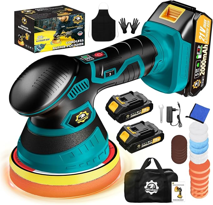 Cordless Car Buffer Polisher kit, DA Polisher with 2*21V Batteries | 2x 21V 2000mAh Batteries, 6-speed, LED Display, Random Orbital, 18 pcs Assorted Polishing Pads for Car Detailing-Blue