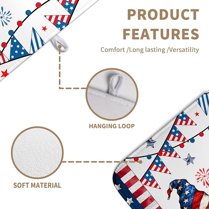 4th of July Gnomes Dish Drying Mat Patriotic Gnome Large Kitchen Mat Dish Drying Pad Absorbent Dish Dryer Mat for Kitchen Countertops Microfiber Drainer Pad Dish Drying Rack Mat (18x24 in)