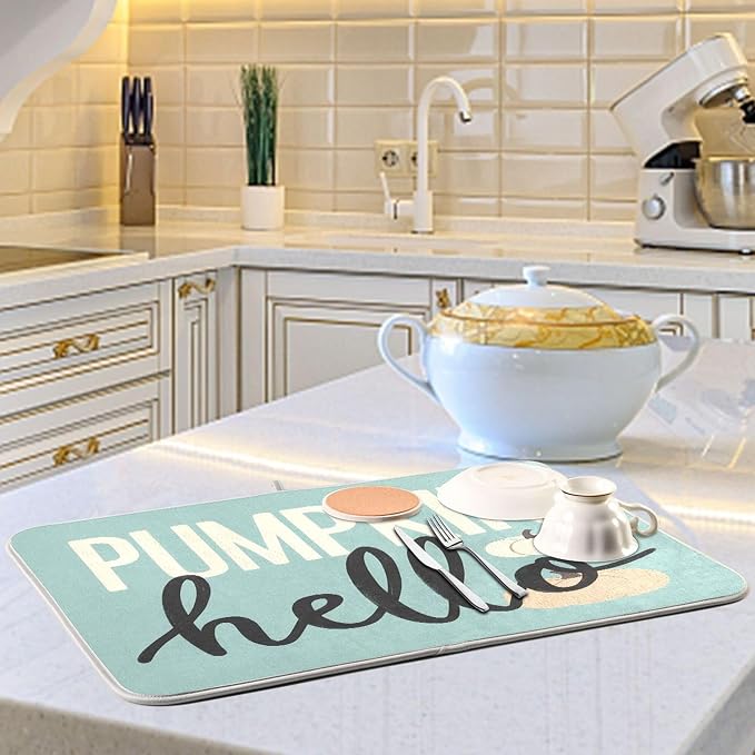 Hello Pumpkin Turquoise Fall Dish Drying Mat for Kitchen Countertop 16x18 Aqua Teal Autumn Small Drying Mat Reusable Quick Dry Dish Sink Mats Easy Clean Decorative Essentials