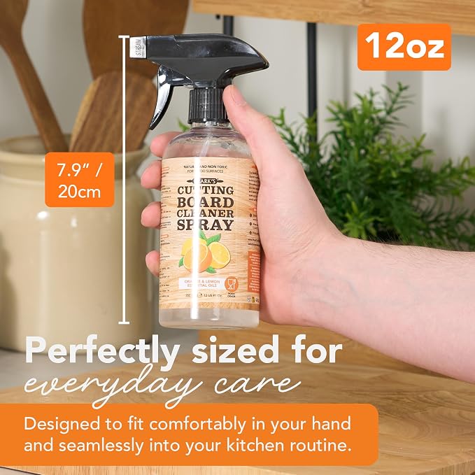 CLARK'S Natural Cutting Board Spray Cleaner 12oz, with Microfiber Cloth, for Wood Countertop – Pure Ingredients Filtered Water, Distilled Vinegar, Castile Soap, Lemon & Orange Citrus Oil Extracts