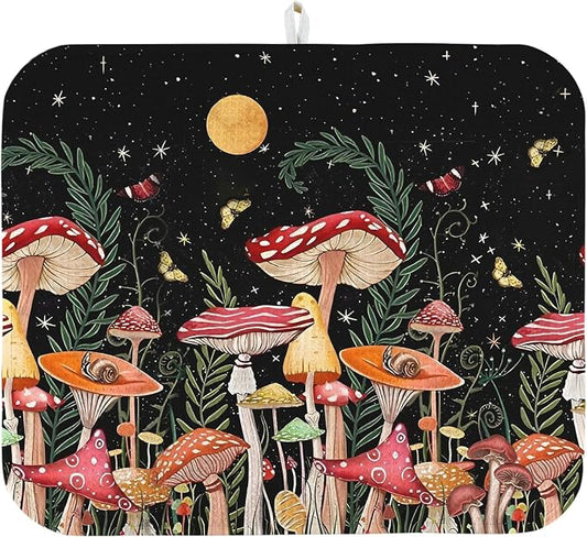 Dish Drying Mat for Kitchen Counter 18x24 Inch, Super Absorbent Dish Drainer Mat, Decorative Microfiber Dishes Drying Pad-Large(Mushroom)