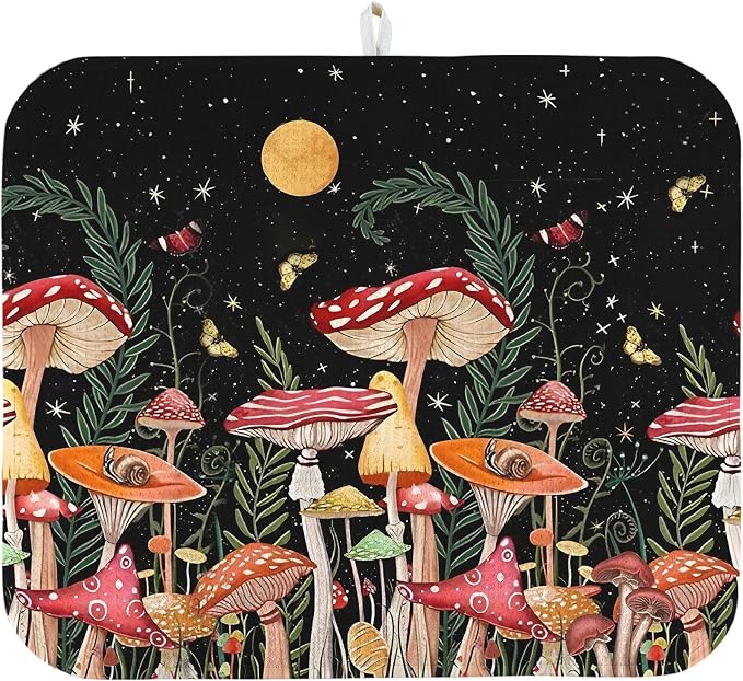 Dish Drying Mat for Kitchen Counter 16x18 Inch, Super Absorbent Dish Drainer Mat, Decorative Microfiber Dishes Drying Pad-Small(Mushroom)