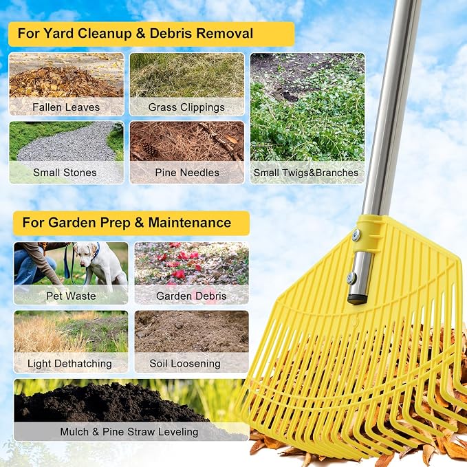 Plastic Leaf Rake for Lawns - Lightweight & Anti-Break Nylon Head, 16.5'' Wide Yard & Garden Rake for Leaves, Grass, Pine Needles, Adjustable Long Handle Easy Use for Women,Seniors,Kids