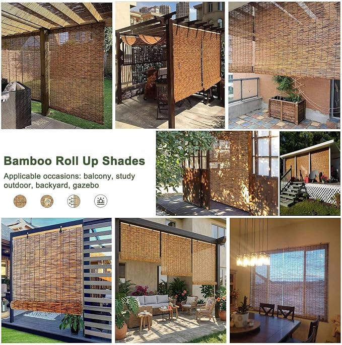 Bamboo Blinds Outdoor, Breathable Bamboo Roller Shades for Outside Patio, 36" 48" 60" 64" 72" 78" Width Privacy Sun Shade, Cordless Bamboo Roll Up Shades for Porch Backyard(56" W x 48" H)