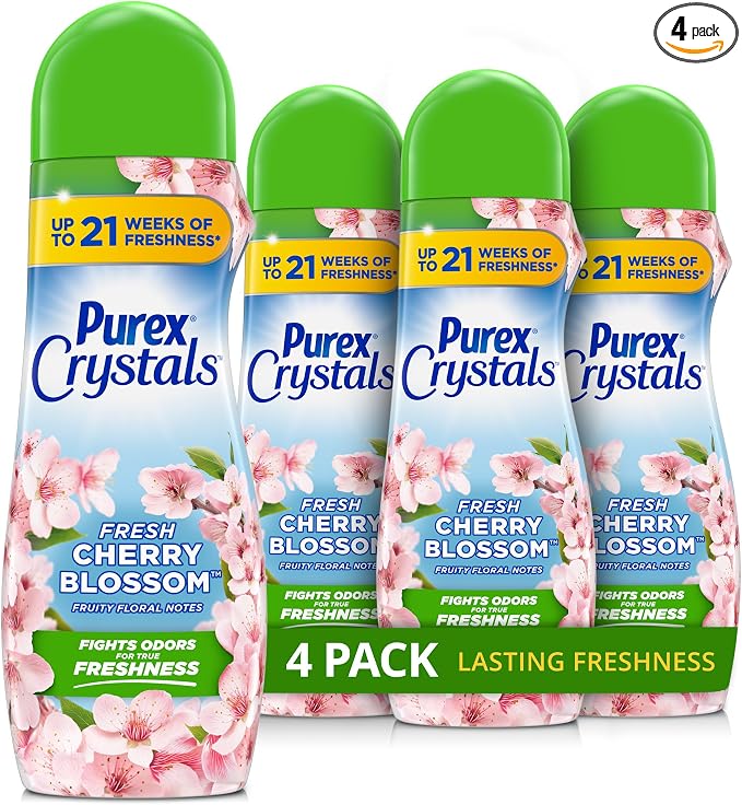 Purex Crystals In-Wash Scent Booster, Fresh Cherry Blossom, 21 oz (Pack of 4), Long-Lasting Freshness & Odor Elimination Technology