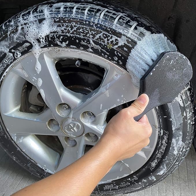 Wheel & Tire Brush for Car Rim, Soft Bristle Car Wash Brush, Cleans Tires & Releases Dirt and Road Grime, Short Handle for Easy Scrubbing Black | Car Tire Brush Cleans Tires & Releases Dirt and Road Grime, Short Handle Wheel Brush for Easy Scrubbing Black