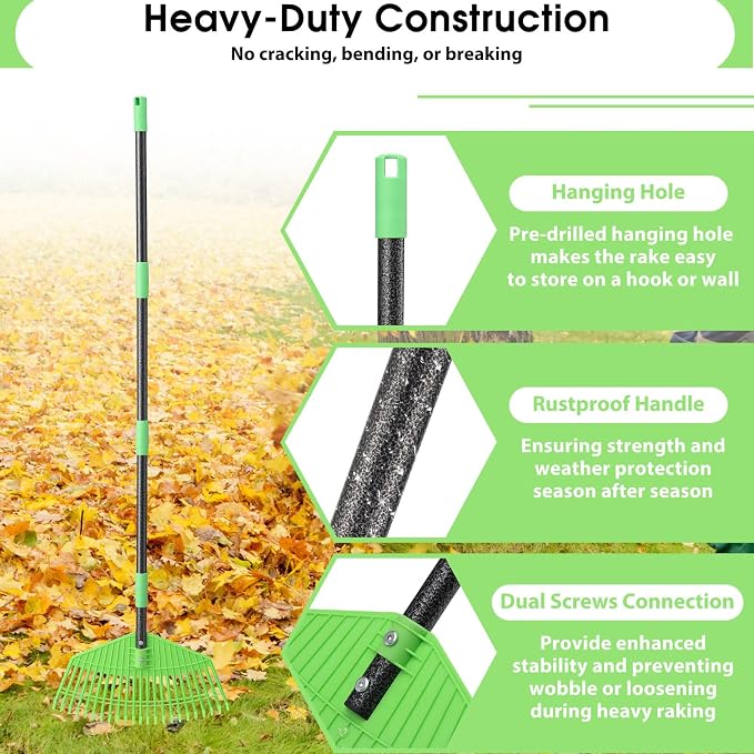 Leaf Rake for Lawn,16.5” Plastic Rake for Yard,Unbreakable Nylon Head,45” Long Handle,Garden Rakes for Grass Turf Debris Mulch Thatch Pine Needles Leaves,Lightweight for Kids Seniors,No Harm to Lawn