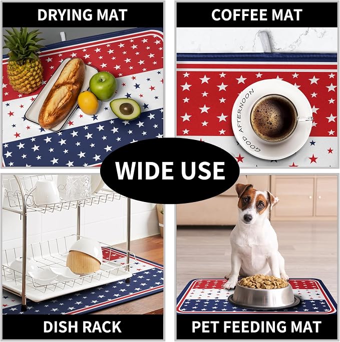4th of July Dish Drying Mat for Kitchen Counter Patriotic Red White Blue Stars Drying Pad Microfiber Absorbent Dish Draining Mat Microfiber Independence Day Dish Drainer Rack Mats 16x18 Inch