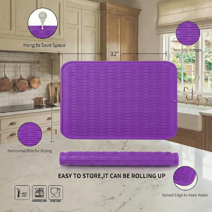 MicoYang Silicone Dish Drying Mat for Multiple Usage,Easy clean,Eco-friendly,Heat-resistant Silicone Mat for Kitchen Counter or Sink,Refrigerator or Drawer Liner Purple 4XL 32 inches x 18 inches