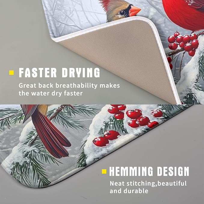 Christmas Bird Dish Drying Mat for Kitchen Counter 16 x 18 Inches Red Winter Absorbent Reversible Microfiber Mats for Berry Dish Rack Pad Drainer Mat for Coffee Bar Decor