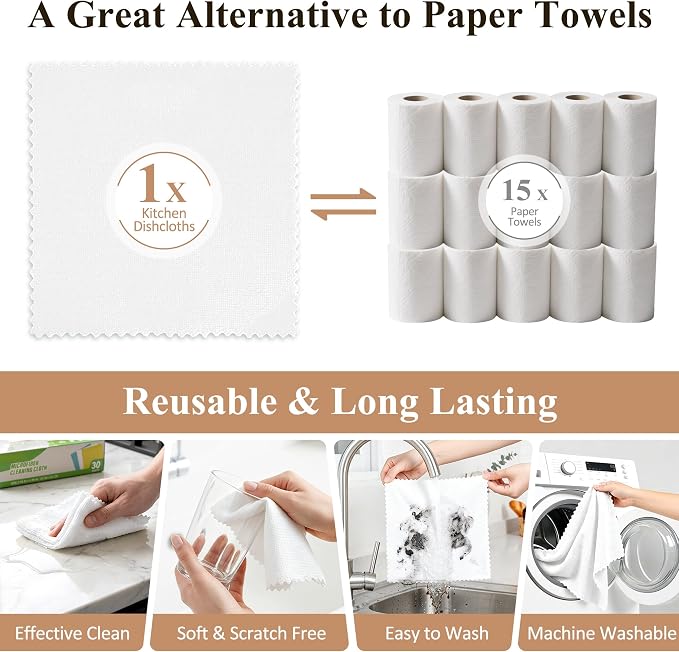 30 Pack Microfiber Cleaning Cloths, Dish Towels for Kitchen, Cleaning Rags for Car, Window, Bathroom, Household, Ultra Absorbent Cleaning Supplies Lint Free Streak Free, Reusable & Washable (White)