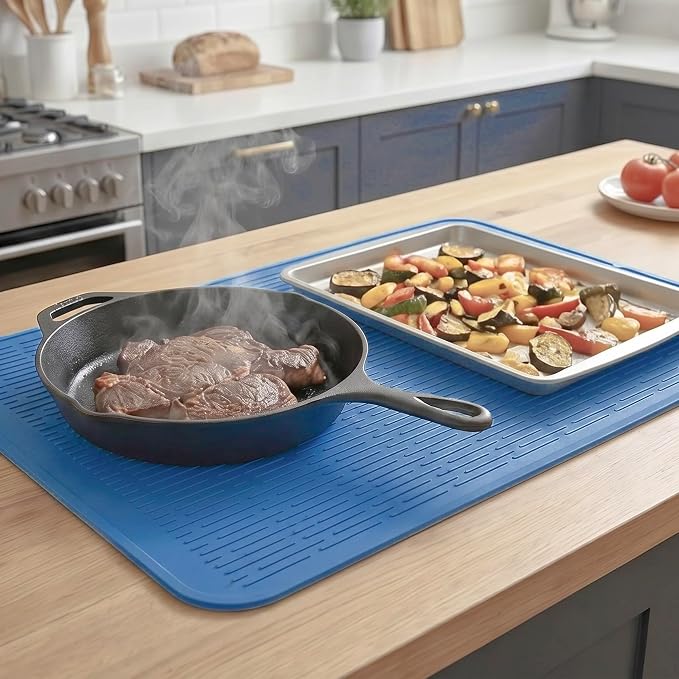MicoYang Silicone Dish Drying Mat for Multiple Usage,Easy clean,Eco-friendly,Heat-resistant Silicone Mat for Kitchen Counter or Sink,Refrigerator or Drawer Liner Lichen BlueL 3XL 28 inches x 18 inches