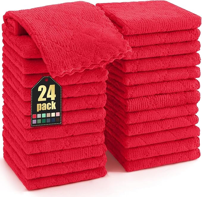 Homaxy 24 Pack Kitchen Dish Cloths (10 x 10 Inches, Red), Super Soft and Absorbent Coral Velvet Dish Towels, Nonstick Oil Fast Drying Microfiber Cleaning Cloth, No Lint Household Dishcloths