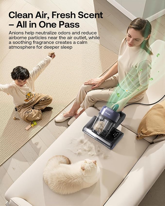 Mattress Vacuum Cleaner with 275nm UV-C Light & 149℉ Heat, 16Kpa Powerful Suction Bed Vacuum for Pet Hair & Dander, Smart Dust Sensor, Anion & Aromatherapy, Corded for Bed, Sofa, Couch, Purple