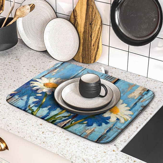 Daisy Dish Drying Mat Small for Kitchen Counter 16x18, Spring Summer Cute Flower Decorative Absorbent Reversible Microfiber Kitchen Countertop Protector Dishes Drainer Pad