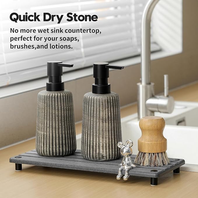 Razborci Instant Dry Sink Caddy Kitchen Sink Organizer, Quick Drying Stone Tray Diatomite Sponge Holder Soap Dish, Bathroom Countertop Fast Dry Water Absorbing Vanity Rack, Dark Gray,12" x 5"