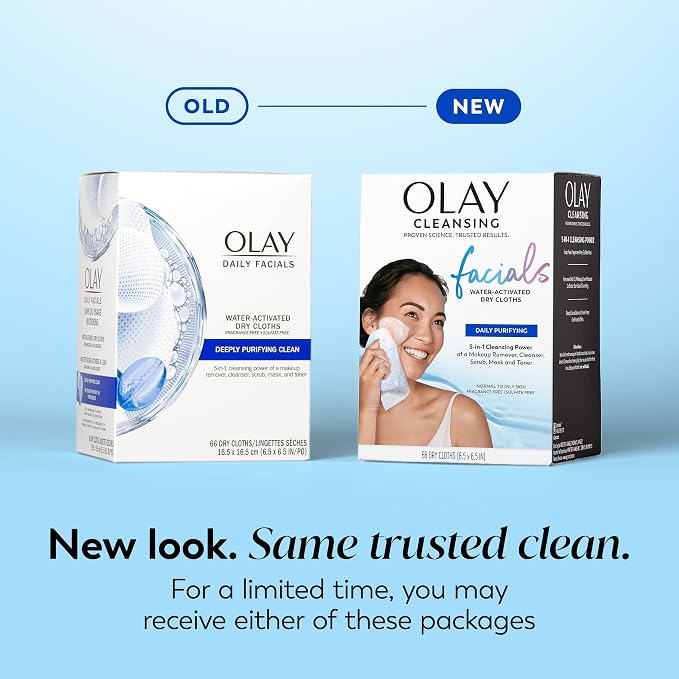 Olay Makeup Remover Wipes, Daily Facials Deep Clean Face Cleanser for Normal to Oily Skin, Alcohol & Fragrance Free, Soft Face Wash Towels, Travel Essentials for Women, Convenient Dry Cloths, 66 ct