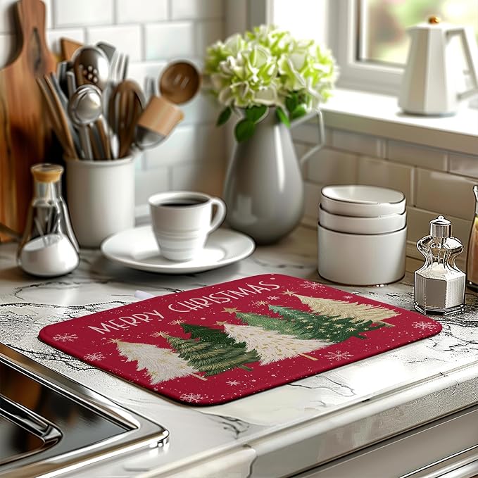 Merry Christmas Dish Drying Mat for Kitchen Counter 16x18 Inch Red Xmas Tree Snowflakes Drying Pad Winter Holiday Absorbent Microfiber Dish Draining Reversible Dish Drainer Rack Mat