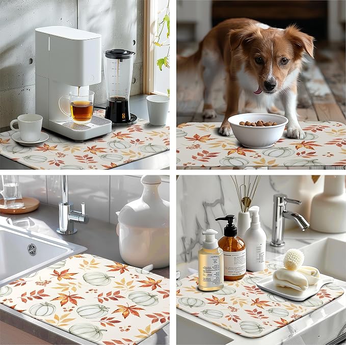 Fall Orange Maple Leaf Pumpkin Dish Drying Mat for Kitchen Counter Seasonal Autumn Thanksgiving Harvest Drying Mats Absorbent Microfiber Dishes Drainer Pad Holiday Dish Rack Mat 18x24 Inch