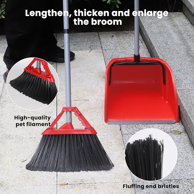 Commercial Broom and Dustpan Set, Jumbo Lobby Debris Dustpan (14inch*14inch), Heavy Duty Broom (14inch Width), 2 Sets, Red,for Indoor and Outdoor Cleaning,Red