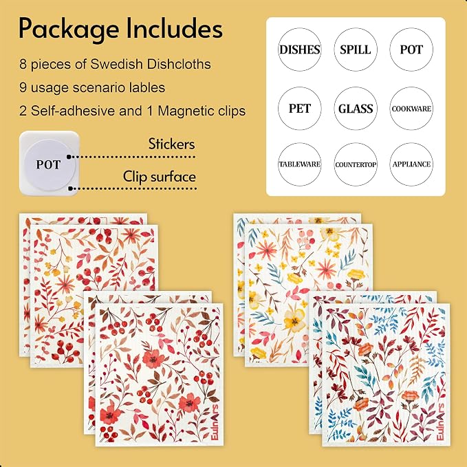 Eulnars Swedish Dishcloths for Kitchen, 8 Pack Watercolor Reusable Paper Towels with Clips, Non-Scratch Swedish Kitchen Towels, Super Absorbent Cellulose Sponge Cloths, Dishwasher Safe, No Odor