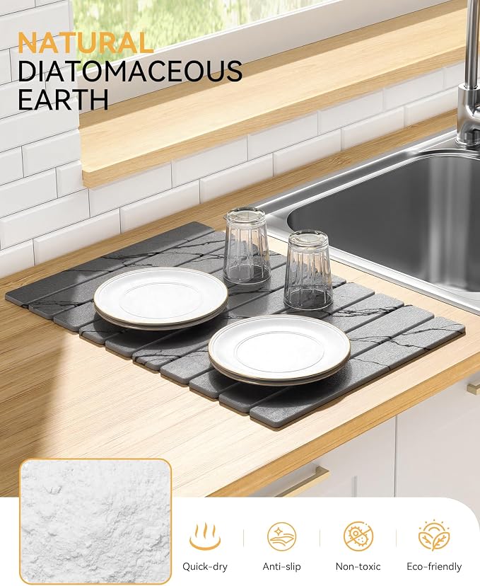 Yofidra Large Stone Dish Drying Mat for Kitchen Counter, Quick Dry Stone Mats with Absorbent Diatomaceous Earth, Foldable Roll Up Drying Organizer Pad for Utensils Plate, 24"×16", Dark Gray Marble