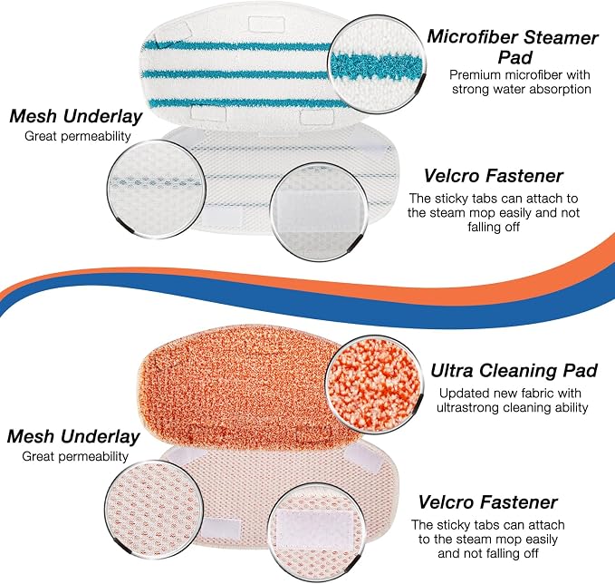 8 Pack Steam Mop Replacement Pads for PurSteam 10-in-1 & ThermaPro 211 | Includes 4 microfiber pads and 4 upgraded cleaning pads; Washable and reusable for wood, ceramic, laminate and marble floors.