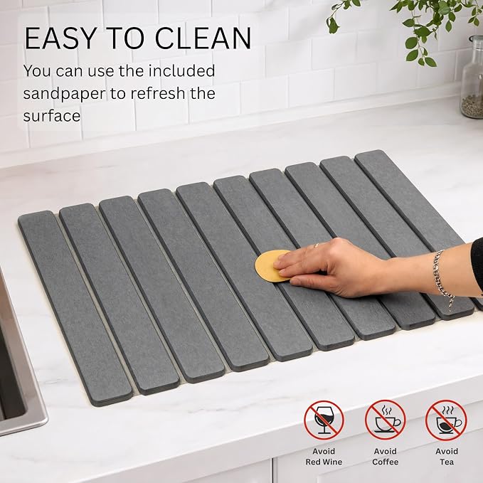 Stone Drying Mat for Kitchen Counter, 24"x16" Large Dark Gray Foldable Diatomaceous Earth Mat, Quick-Dry Super Absorbent Stone Dish Drying Mat for Dishes Bottles Cups