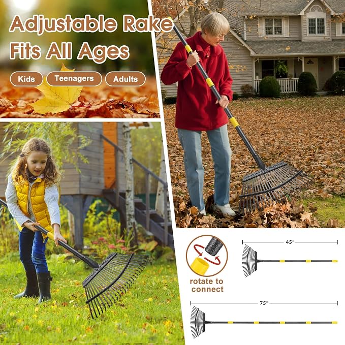Leaf Rake 18” Wide Heavy Duty Metal 25 Tines Garden Rake Set with 30-90” Adjustable Long Handle for Yard Grass Shrub Mulch Including 32Gallon Garden Bag Leaf Scoops