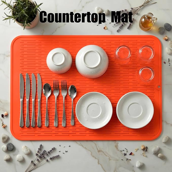 MicoYang Silicone Dish Drying Mat for Multiple Usage,Easy clean,Eco-friendly,Heat-resistant Silicone Mat for Kitchen Counter or Sink,Refrigerator or Drawer Liner Orange 4XL 32 inches x 18 inches