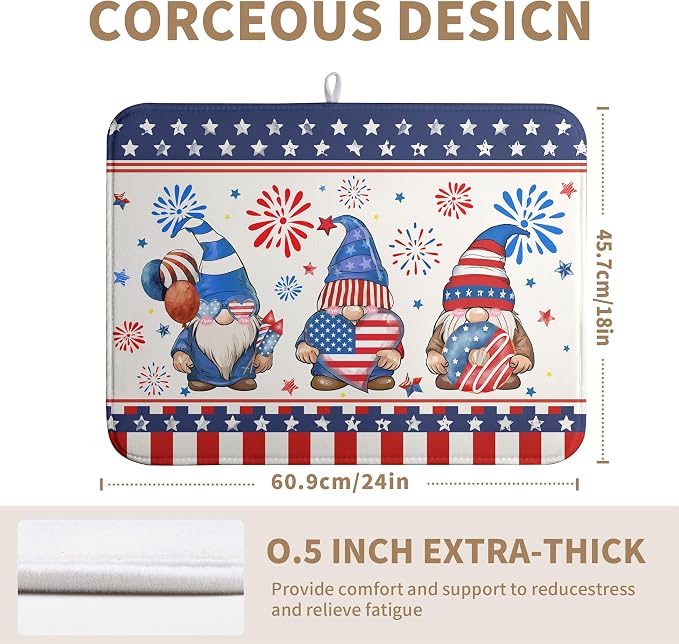 4th of July Dish Drying Mats for Kitchen Counter 18x24 In Memorial Independence Day Patriotic Gnome Stars Microfiber Drying Mat Fourth of July USA Super Absorbent Dish Rack Mat Drying Pad