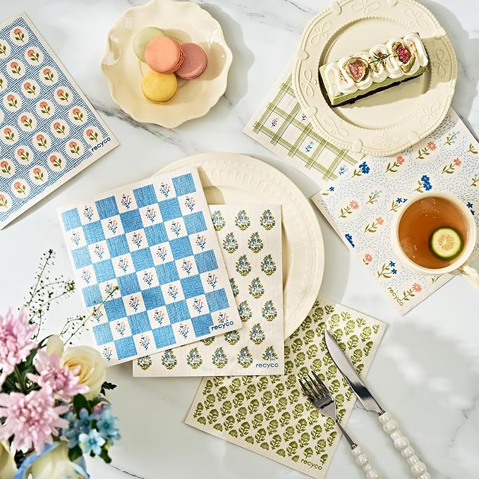 RECYCO Swedish Dishcloths for Kitchen | 6 Packs Bloom Tiles Washable Dish Rags | Cellulose Reusable Cleaning Paper Towels | Absorbent Counter Dish Cloth Sponge Kitchen Wipes, 8" L x 7" W