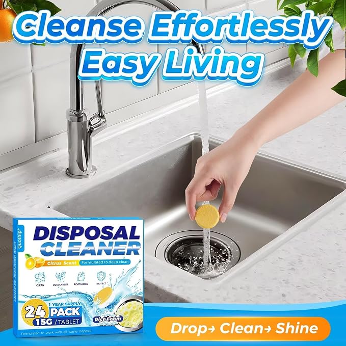 Garbage Disposal Cleaner and Deodorizer Tablets - 24 Pack, Powerful XXL Foaming Disposal Cleaner - Citrus Scented Foam, Natural Garburator & Sink Freshener, Septic Safe Kitchen Drain Cleaning Care