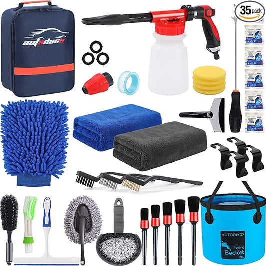 35Pcs Car Wash Detailing Kit Cleaning Kits with Foam Gun Sprayer Collapsible Bucket Brush Large Wash Mitt Towels Complete Interior Exterior Car Washing Supply Set Blue