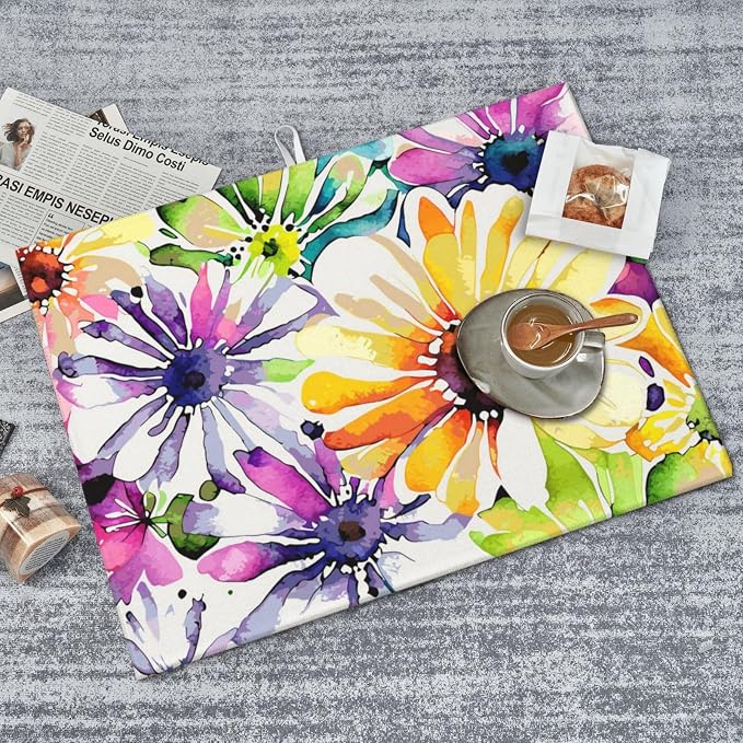 Colorful Flowers Dish Drying Mat For Kitchen Counter, Super Absorbent Microfiber Dish Drying Pad, Kitchen Gadgets For Easy Clean Multi-Use Large 18"x24"