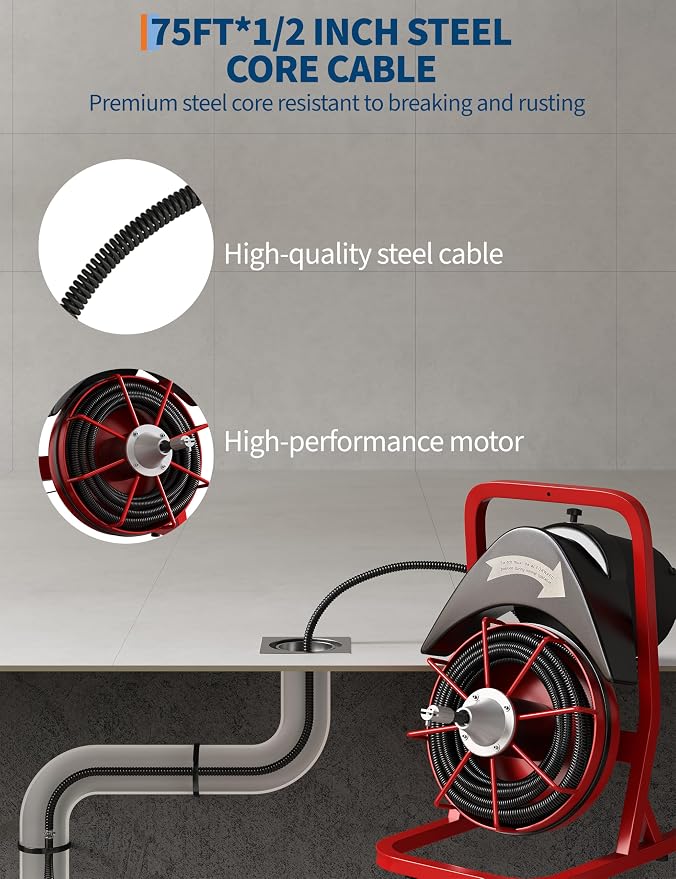 Garvee Drain Cleaner Machine 75FT x 1/2 Inch Steel Core Cable Portable 370W Electric Drain Cleaning Machine With Sewer Auger, Cutter, Air-activated Foot Switch, for Commercial, Home | Durable steel cable , 370W motor, auto-feed, foot switch, portable w...