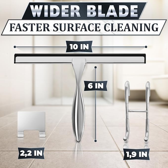 Shower Door Squeegee with Hook, 10" Silicone Blade, Steel (Silver) | Squeegee for Shower Glass with Adhesive Mount; All-Purpose Bathroom Tile, Mirror, & Window Wiper for Streak-Free Cleaning