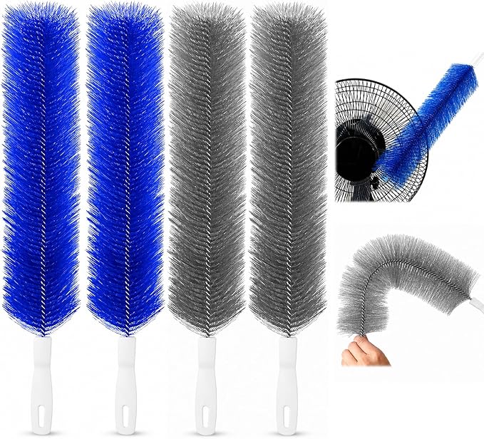 Fan Cleaning Brush, Bendable Microfiber Duster, Washable Reusable Fan Brush Cleaner for Fan Blades, Vents, Screens & Narrow Gaps (4, Blue + Gray)