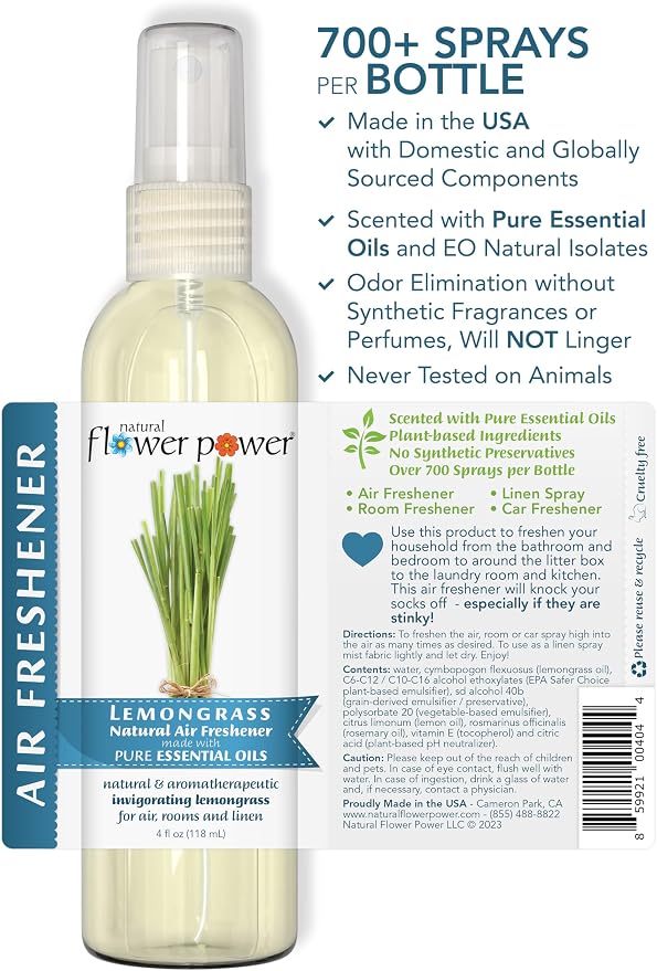 Natural Flower Power Air Freshener Spray - Odor Eliminator w/Essential Oils - Home, Car & Fabric - Cruelty Free & Vegan - Variety Pack - Lemongrass and Peppermint & Lemon - 2 x 4 fl oz