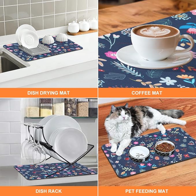 LOKHOM Dish Drying Mat for Kitchen Counter, 12"x20" Absorbent Vintage Diner Rack Mats with Colorful Floral Pattern for Coffee Maker, Coffee Pot, Dining Room Decoration
