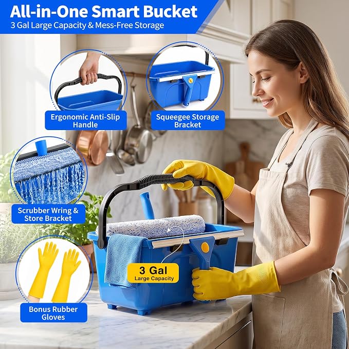 Window Cleaning Kit with 3 Gal Cleaning Bucket, Professional 14" Window Squeegee & 15" Window Scrubber with 78" Extension Pole, 18 PCS Glass Cleaning Tool Set for Home, Outdoor Car Window Cleaner